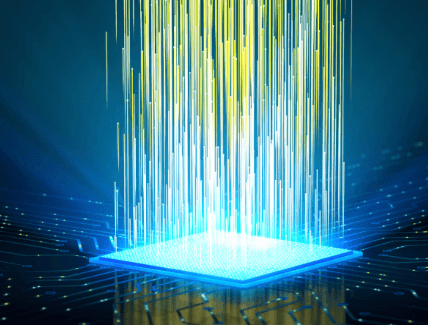 Abstract digital illustration of a glowing microchip emitting vertical beams of light on a circuit board.