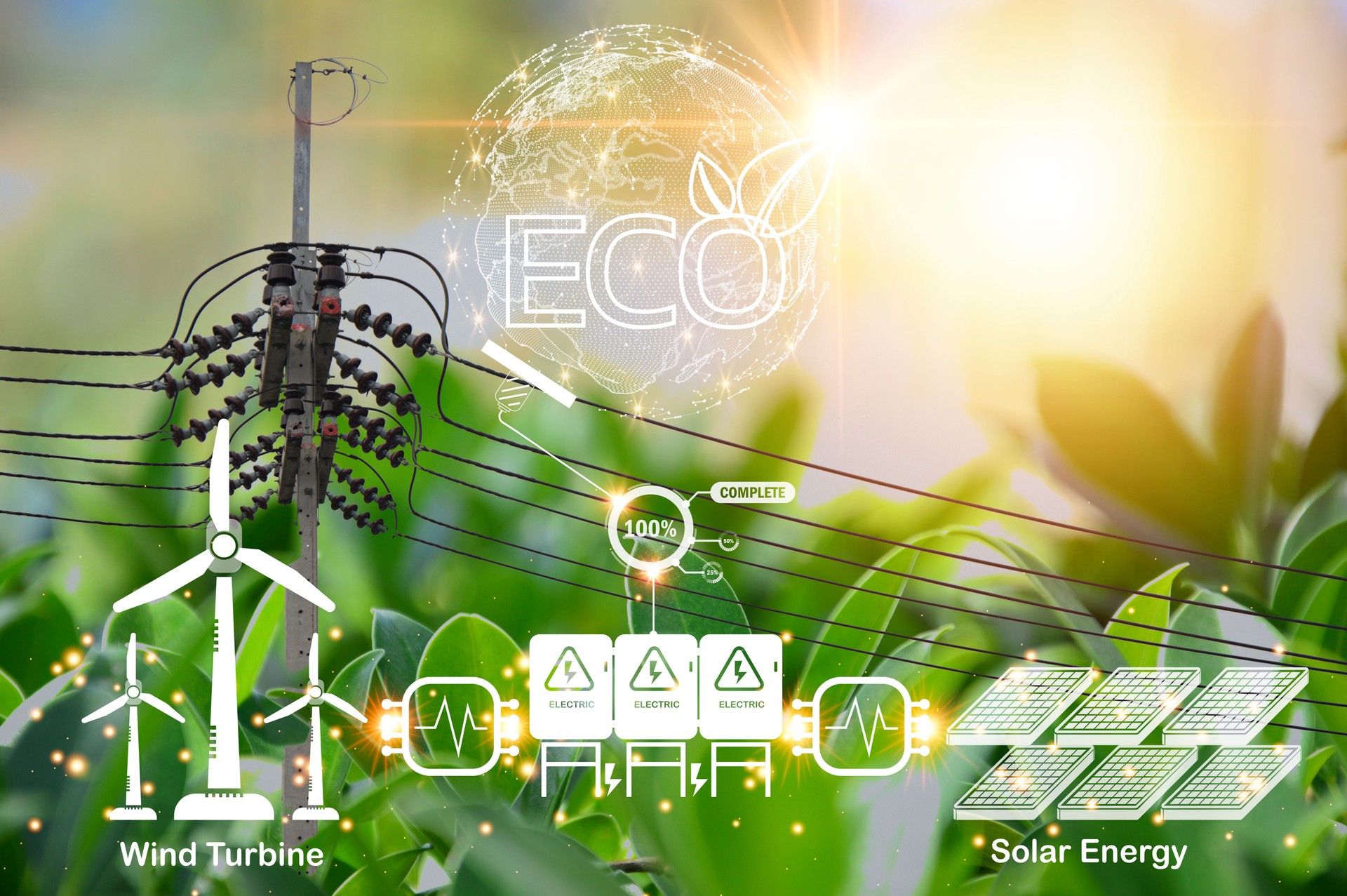 Concept of clean energy, solar energy, wind energy are in great demand