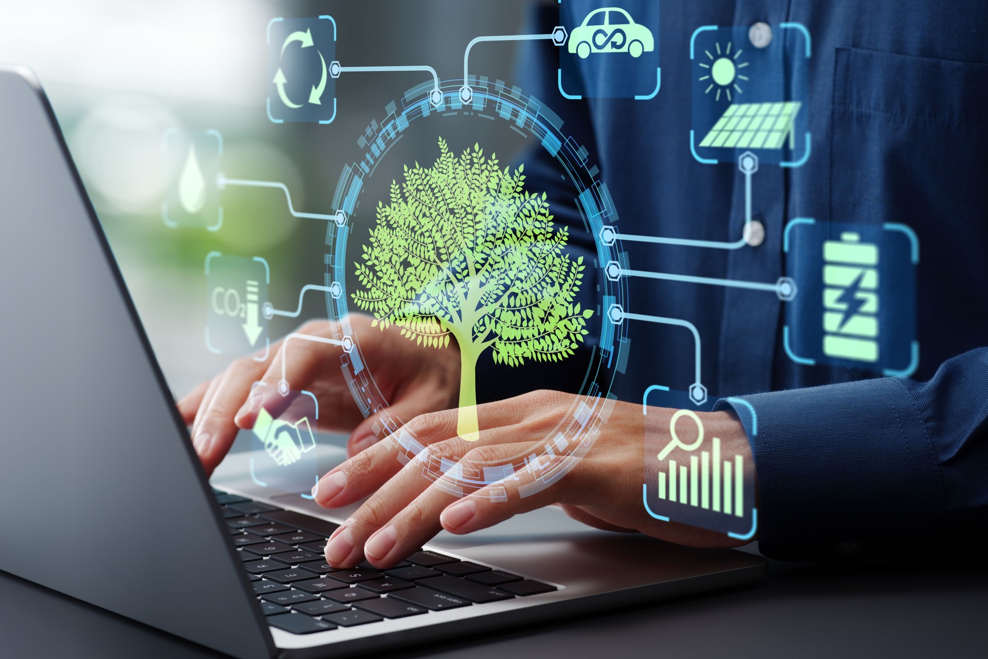 Carbon footprint reduction. Renewable energy sourcing and emissions trading. Businessman using laptop computer to manage net-zero strategy.